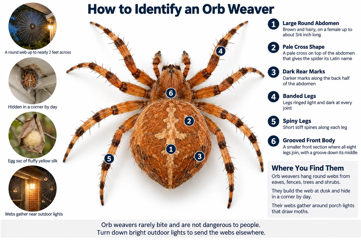 Labeled photo of a spotted orbweaver from above pointing out its round hairy abdomen, banded legs, cross shape and black marks, with its web and egg sac
