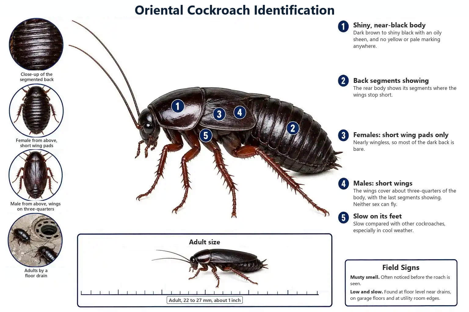 Labeled photo comparing a male Oriental cockroach with longer wings and a female with short wing pads