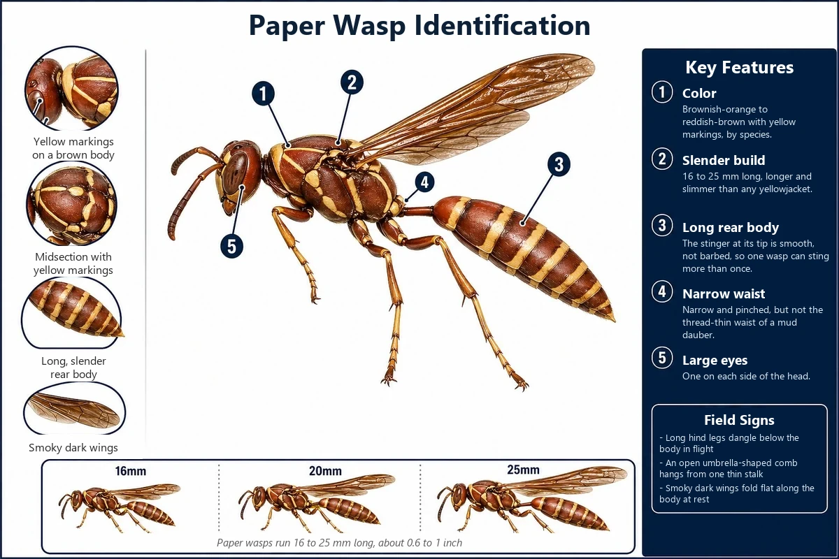 Labeled photo of a paper wasp pointing out the narrow waist, the long dangling legs and where the open nest attaches