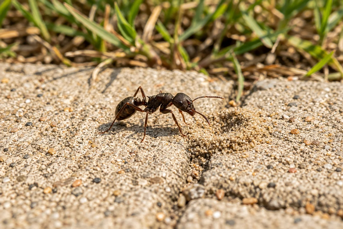A pavement ant beside a small sand crater at a pavement joint