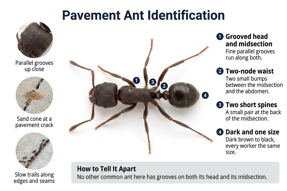 Labeled diagram of a pavement ant seen from above, pointing out the grooves on its head and midsection, its two short spines and two-node waist