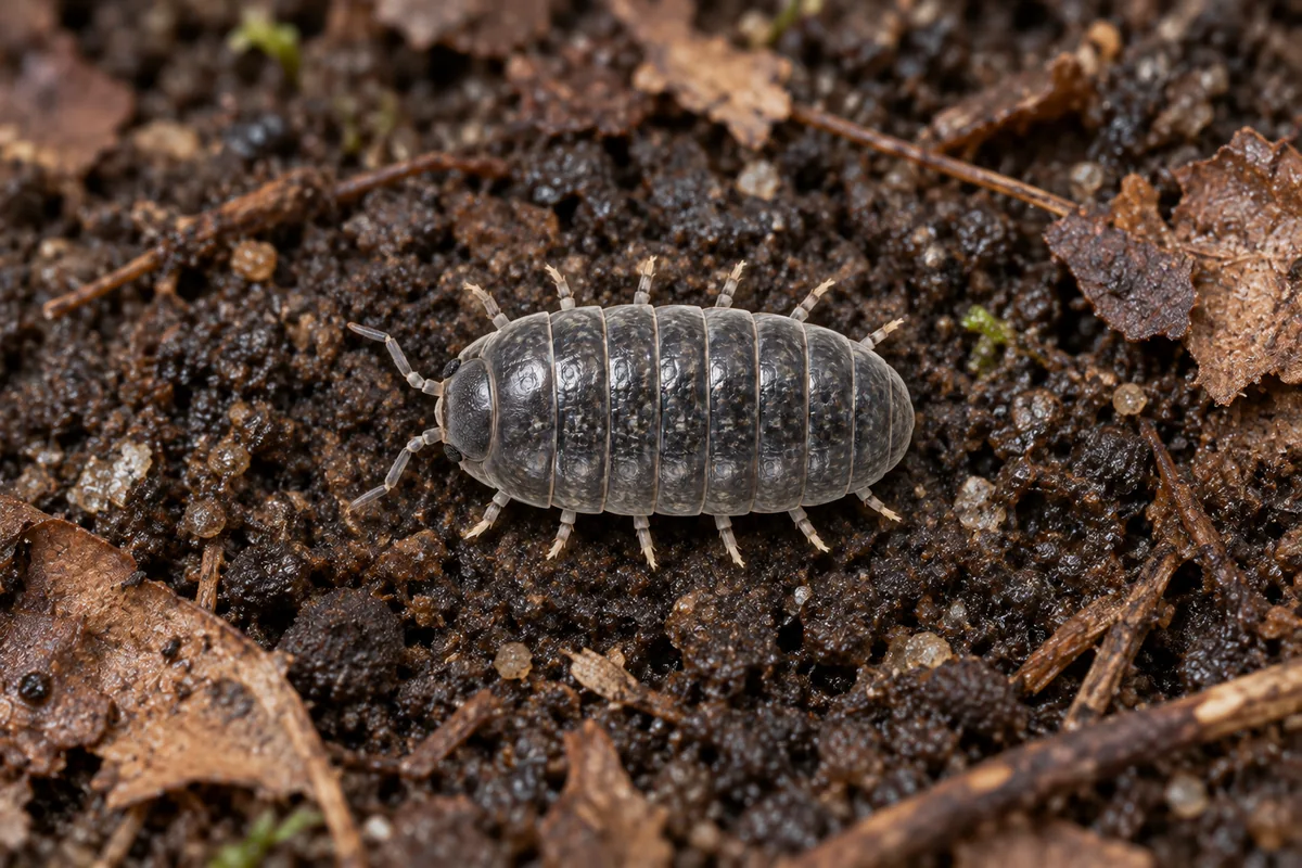 A gray pill bug crawling on damp mulch beside a house foundation, with another rolled into a ball next to it