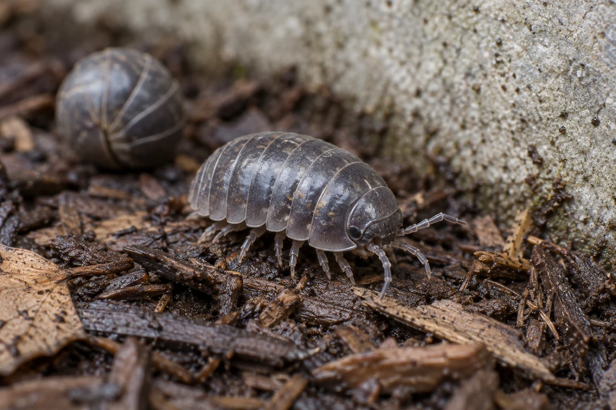 Pill Bug (Roly-Poly) on natural substrate showing rolls into a tight ball when touched