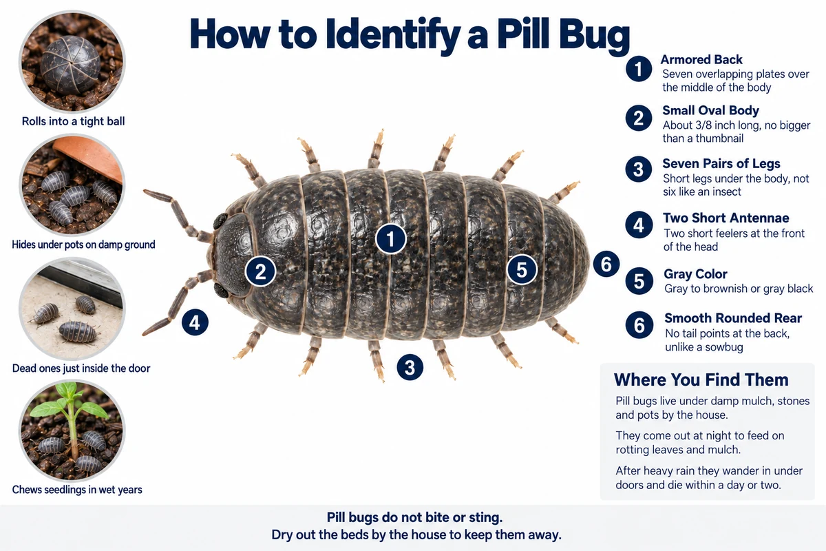 Labeled photo of a pill bug pointing out its rounded gray shell of overlapping plates, its antennae, its seven pairs of legs and the tight ball it rolls into
