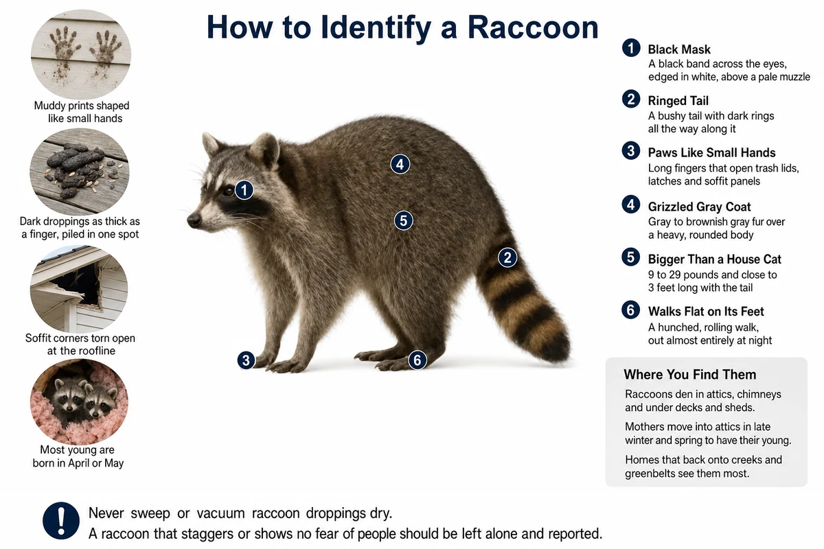 Labeled photo of a raccoon pointing out its black mask, ringed tail, hand-like front paws, gray coat and size, with its prints, droppings, a torn soffit and young