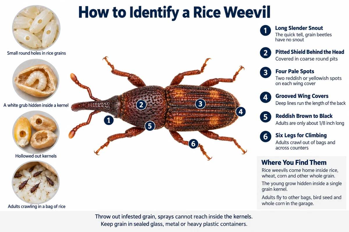 Labeled photo of a rice weevil pointing out its long snout, pitted shield, four pale spots and grooved wing covers, with the holes it leaves in rice grains