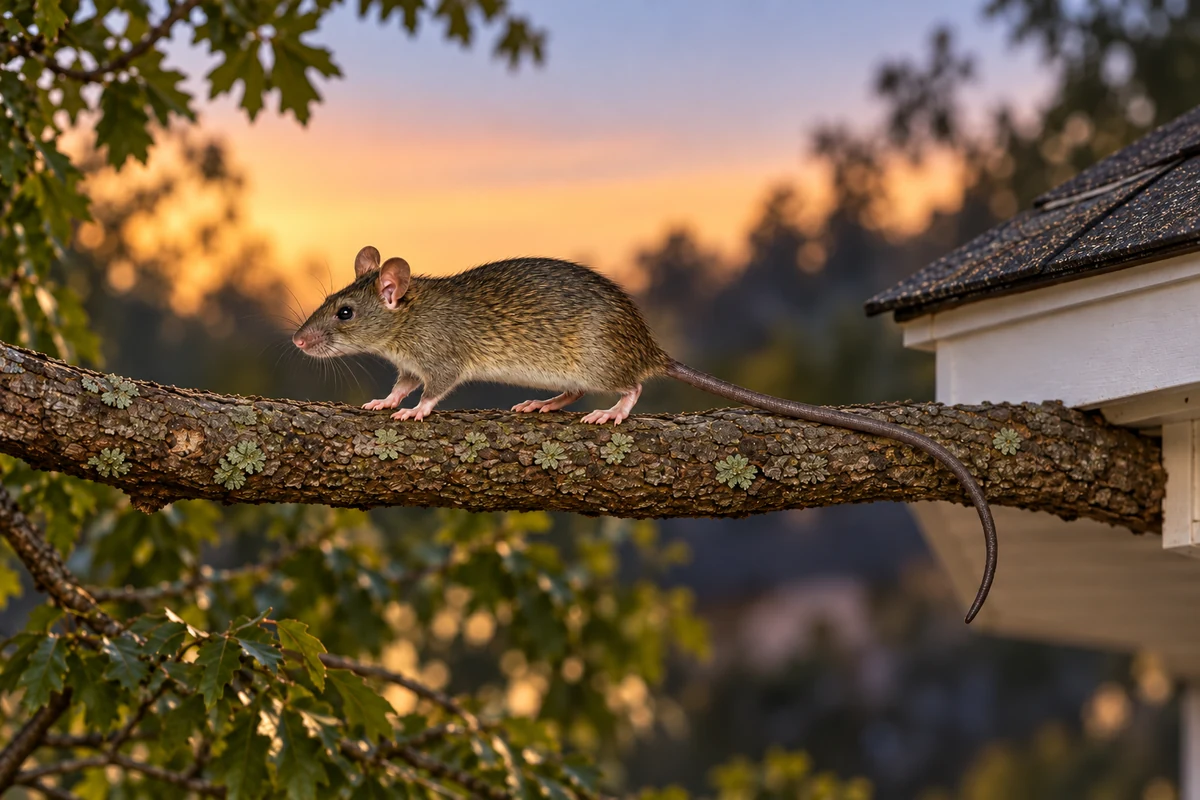 A roof rat walking along a tree branch beside a house roofline