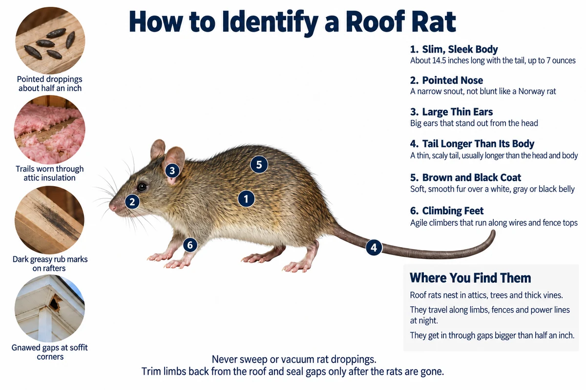 Labeled photo of a roof rat pointing out its slim body, pointed nose, large ears and long thin tail, with its droppings, attic tunnels, greasy rub marks and the routes it climbs