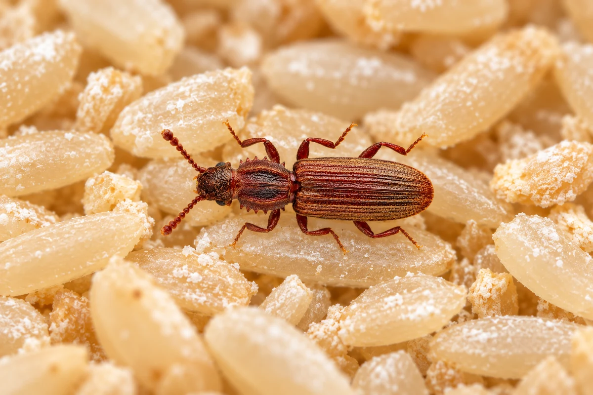 A slender reddish brown sawtoothed grain beetle crawling over brown rice grains dusted with flour