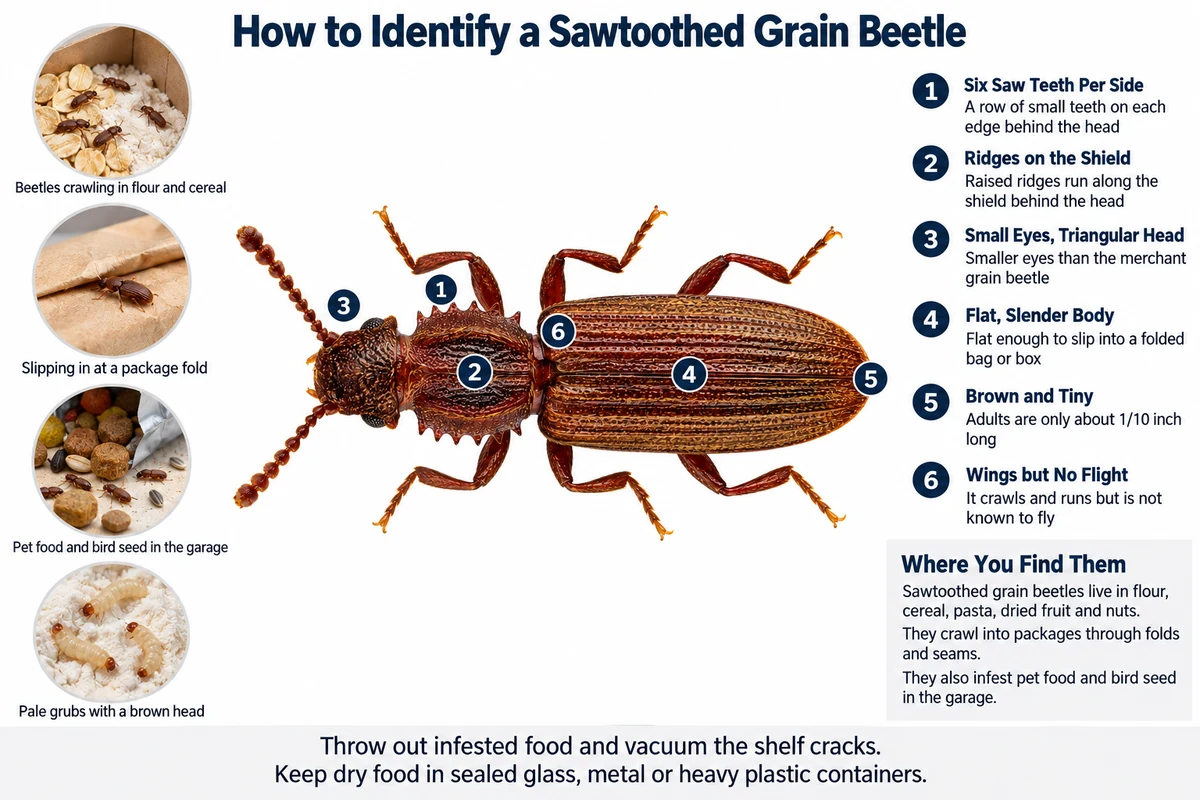 Labeled photo of a sawtoothed grain beetle pointing out the six teeth on each side of its shield, the ridges on the shield, its small eyes and flat brown body, with the foods and packages it infests