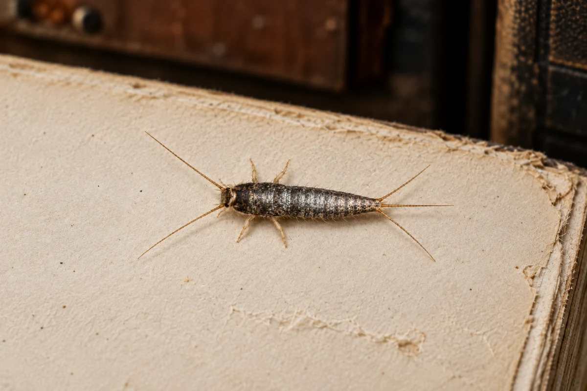 Two silver-gray silverfish with long antennae and three tail bristles running across a chewed sheet of paper in a dark storage box