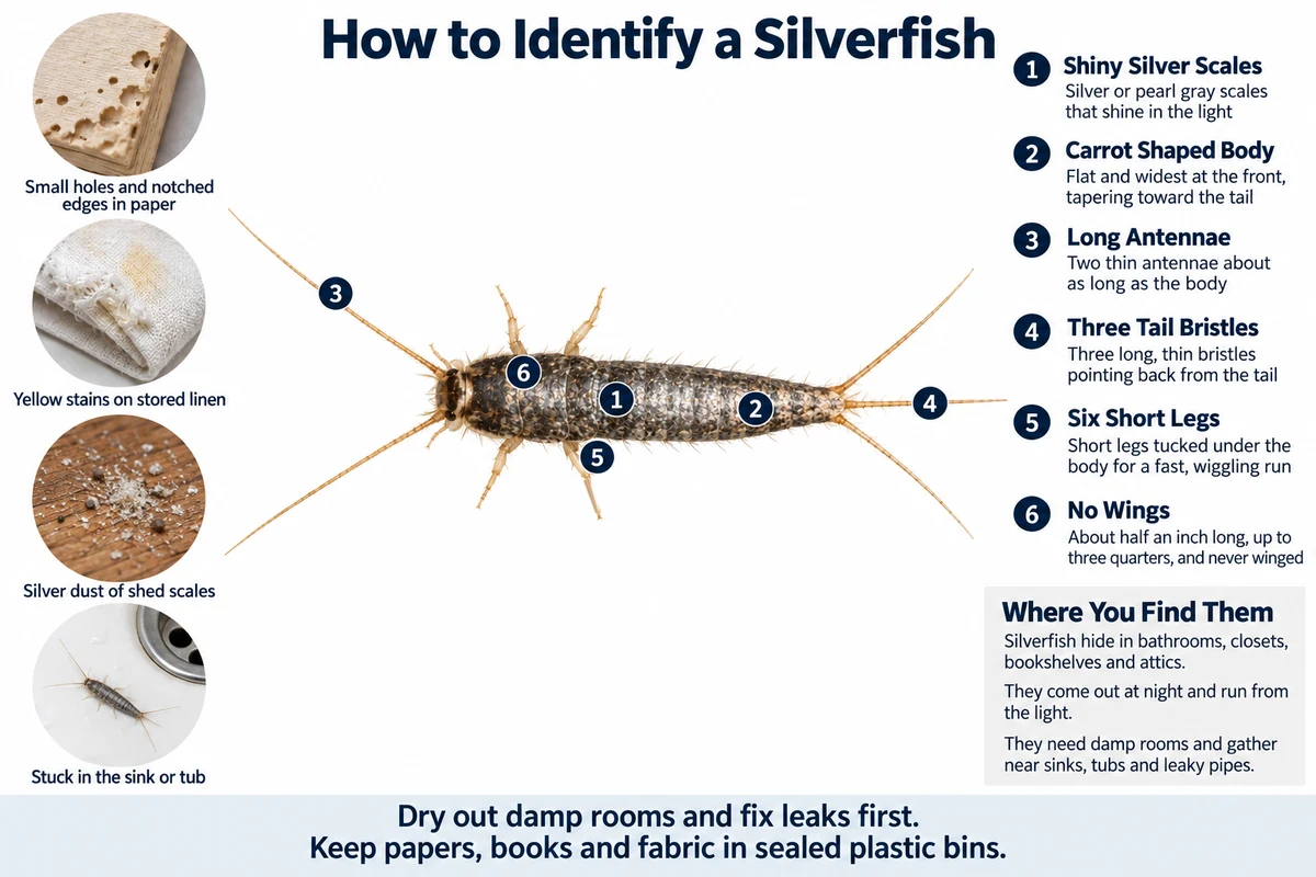 Labeled photo of a silverfish pointing out its silver scales, carrot-shaped body, long antennae, three tail bristles and short legs, with the damage it leaves behind