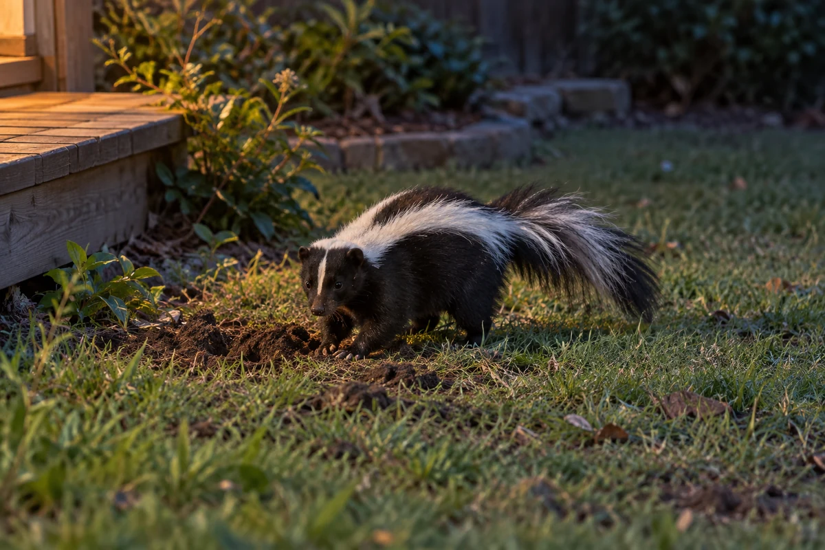 Striped Skunk digging for grubs in a lawn beside a deck at dusk in Collin County, showing its two white stripes down a black back