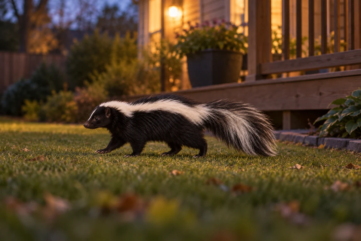 A striped skunk showing its black coat, white back stripes and bushy tail