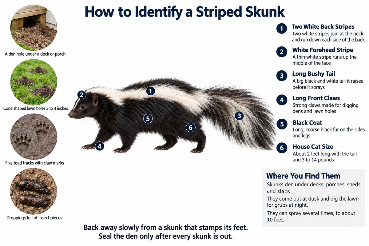 Labeled photo of a striped skunk pointing out its white back stripes, forehead stripe, bushy tail, long front claws and black coat, with its den hole, lawn holes, tracks and droppings