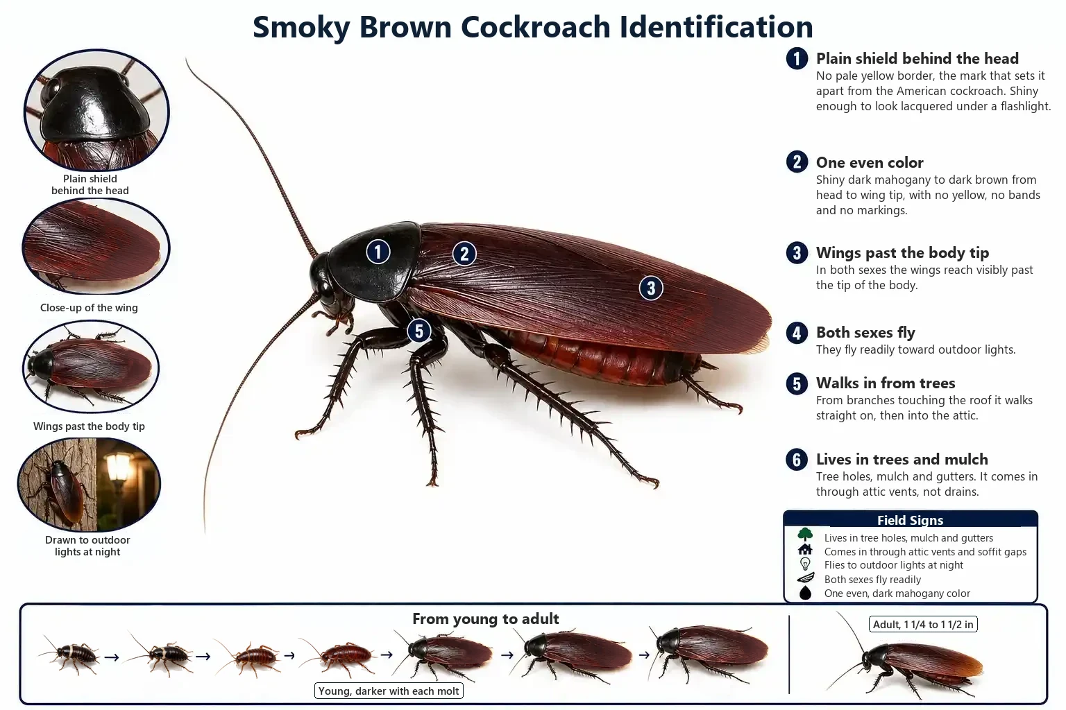 Labeled photo of a smoky brown cockroach pointing out its even mahogany color, its long wings and the plain plate behind its head