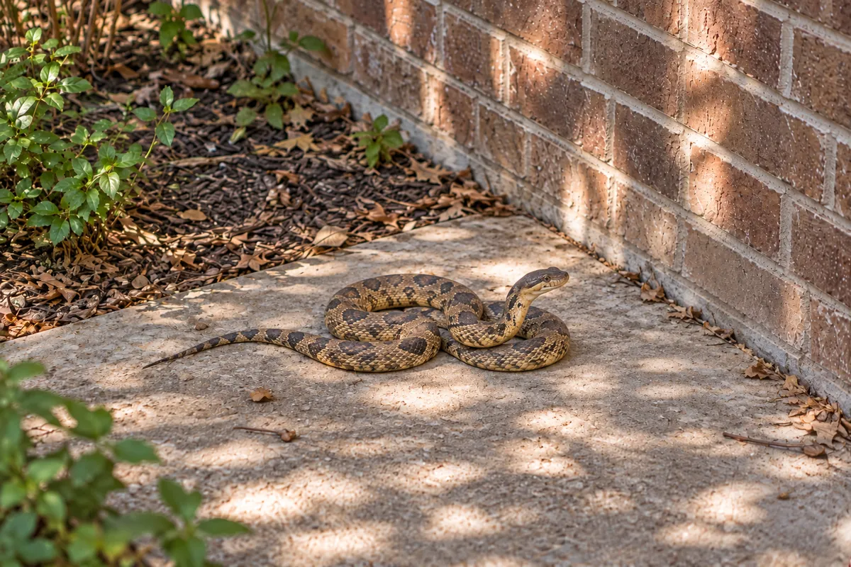 Texas Rat Snake along a patio edge by a foundation in Collin County, showing its tan body with dark brown blotches