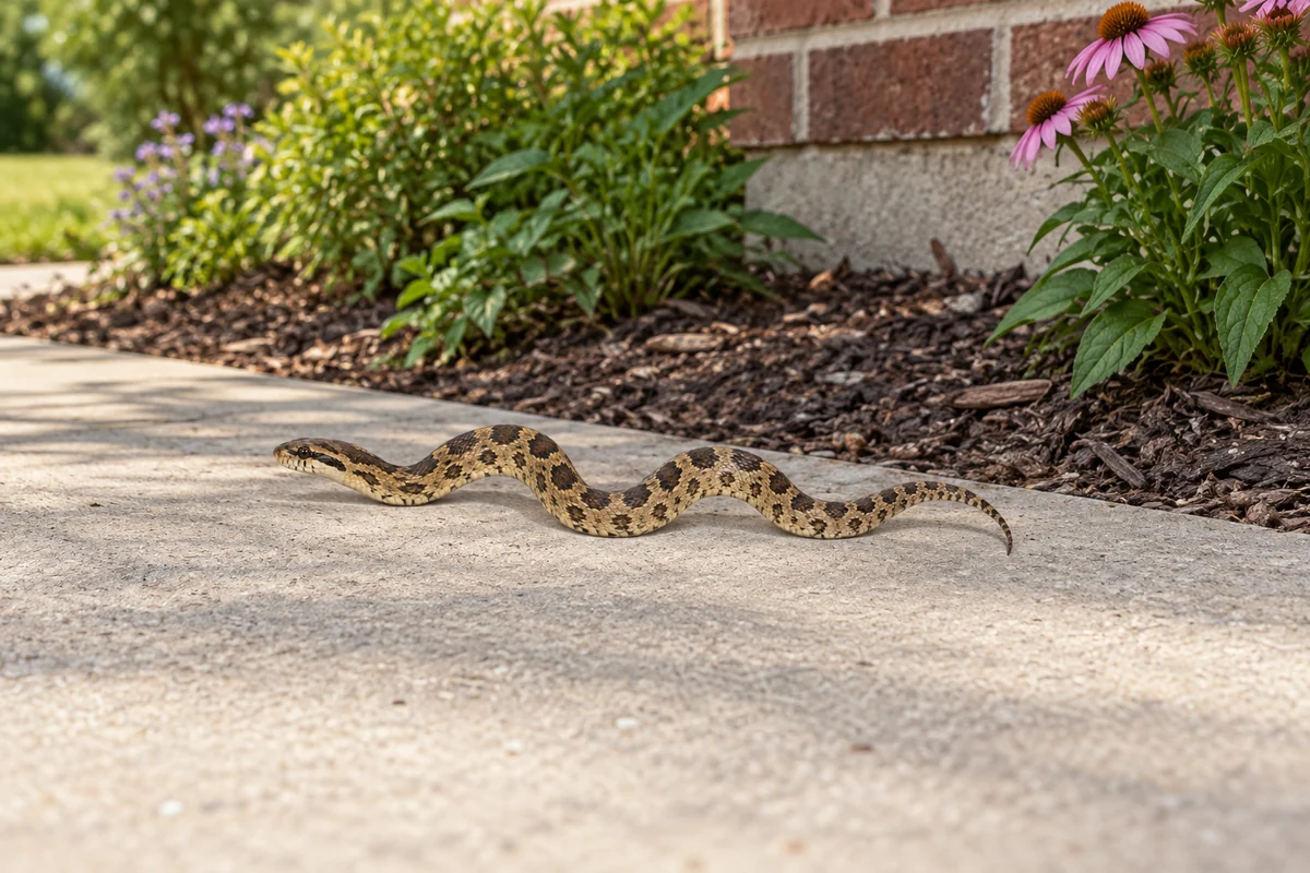 A Texas rat snake, a long gray and brown blotched snake that is not venomous, near a home