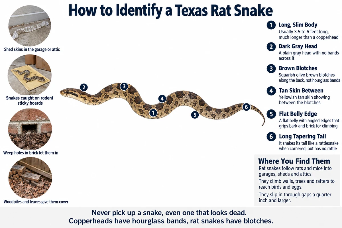 Labeled photo of a Texas rat snake pointing out its long body, dark gray head, brown blotches, tan skin, flat belly edge and tail, with a shed skin, a garage sticky board, a weep hole and a woodpile