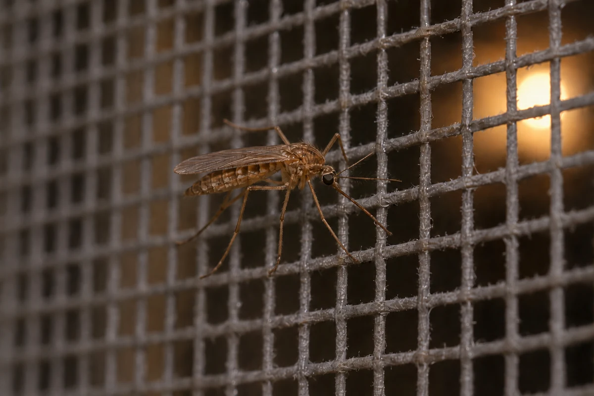 Do Mosquito Dunks Work? Standing Water in Collin County Yards 11 A plain brown southern house mosquito resting on a window screen at night beside a lit porch