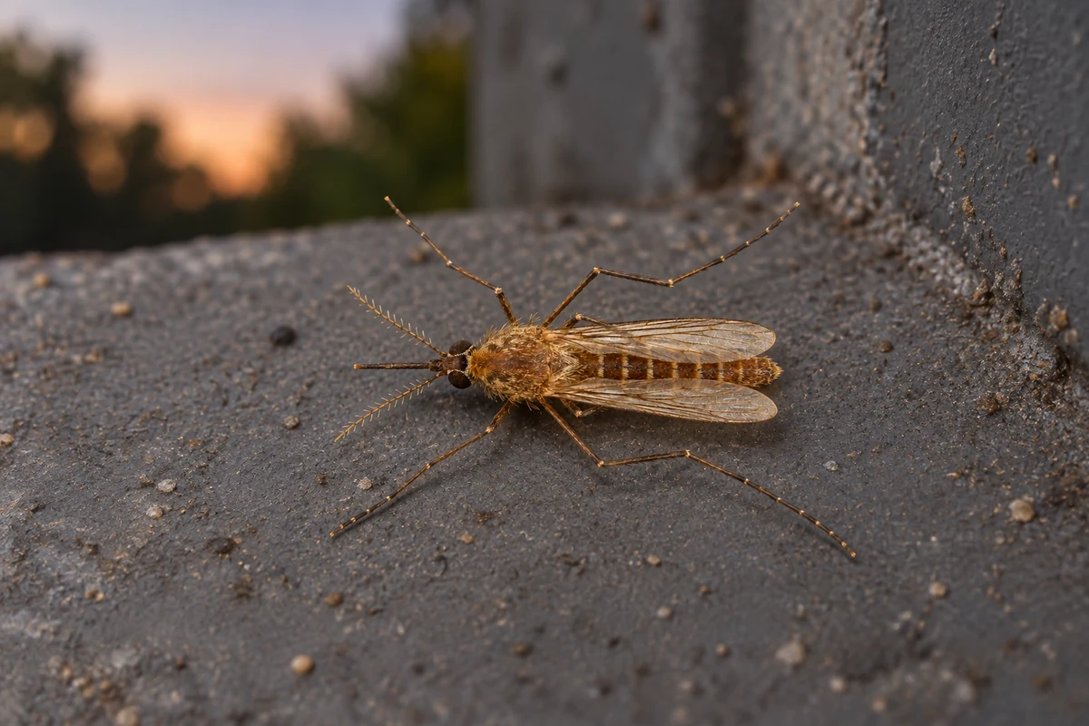 A plain brown southern house mosquito resting on a window screen at night beside a lit porch