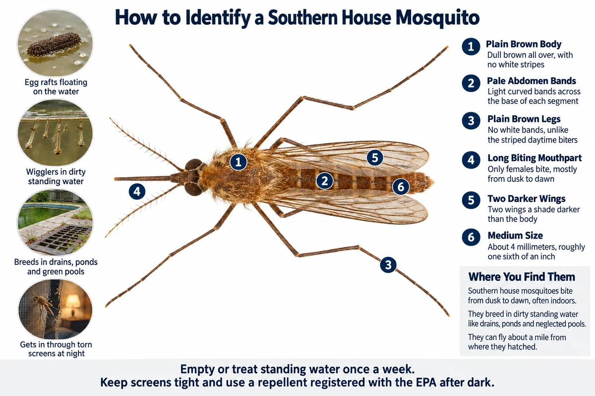 Labeled photo of a southern house mosquito pointing out its plain brown body, the pale bands across its abdomen, its unbanded legs, its long mouthpart and its wings, with the dirty water where it breeds