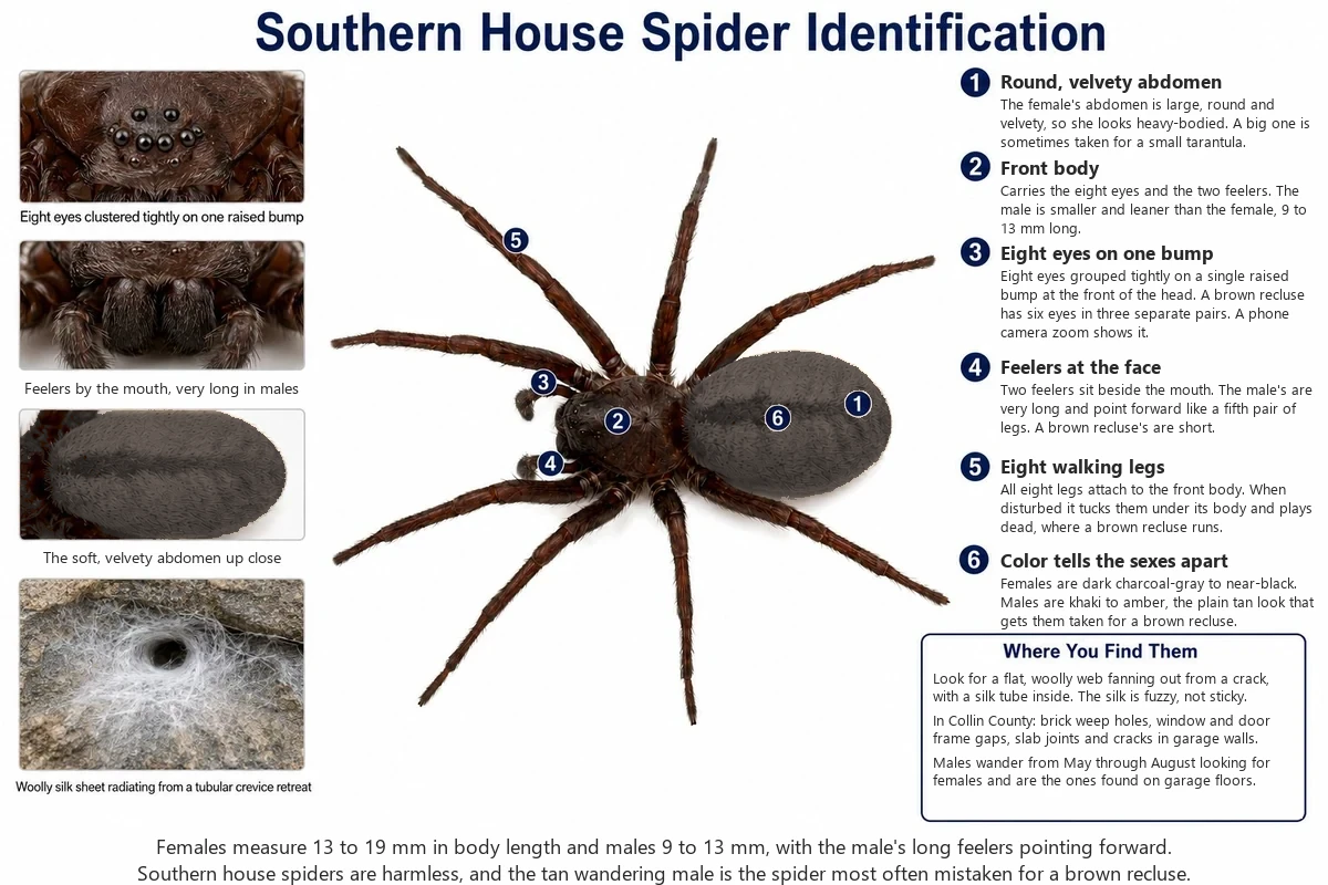 Labeled diagram of a female southern house spider, dark charcoal with a velvety abdomen, pointing out the eyes, feelers and legs that tell it from a brown recluse