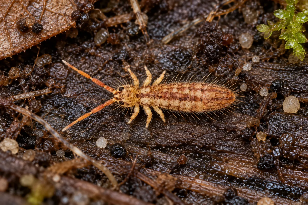Tiny gray springtails gathered on a damp white windowsill beside a window track
