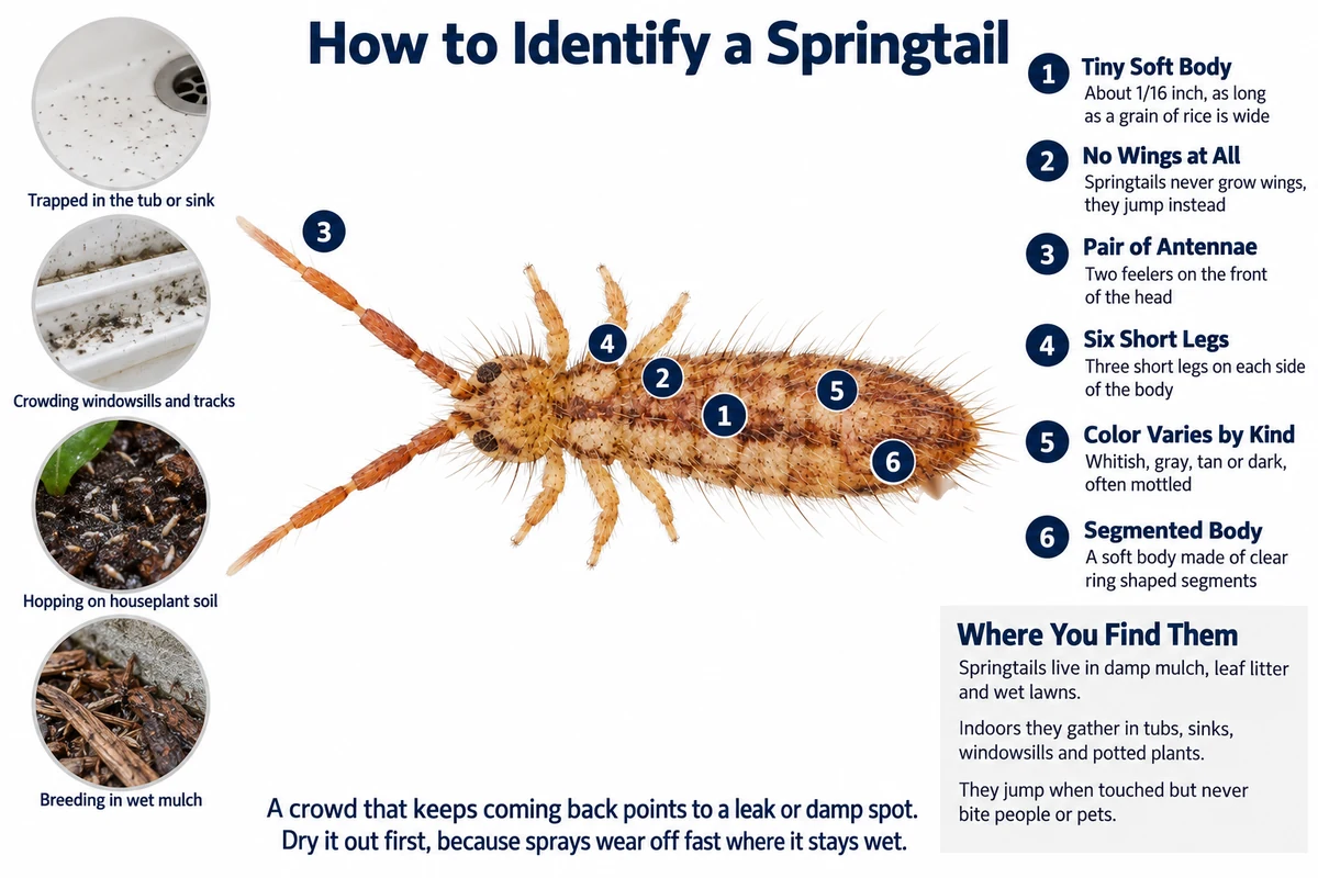 Labeled picture of a springtail pointing out its tiny wingless body, antennae, six legs and the forked spring under its rear, with springtails in a sink, on a windowsill and in houseplant soil