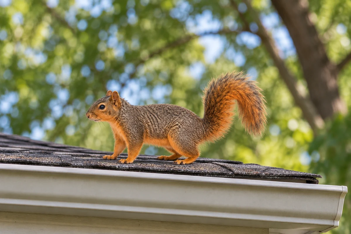 An eastern fox squirrel with its rusty belly and long bushy tail