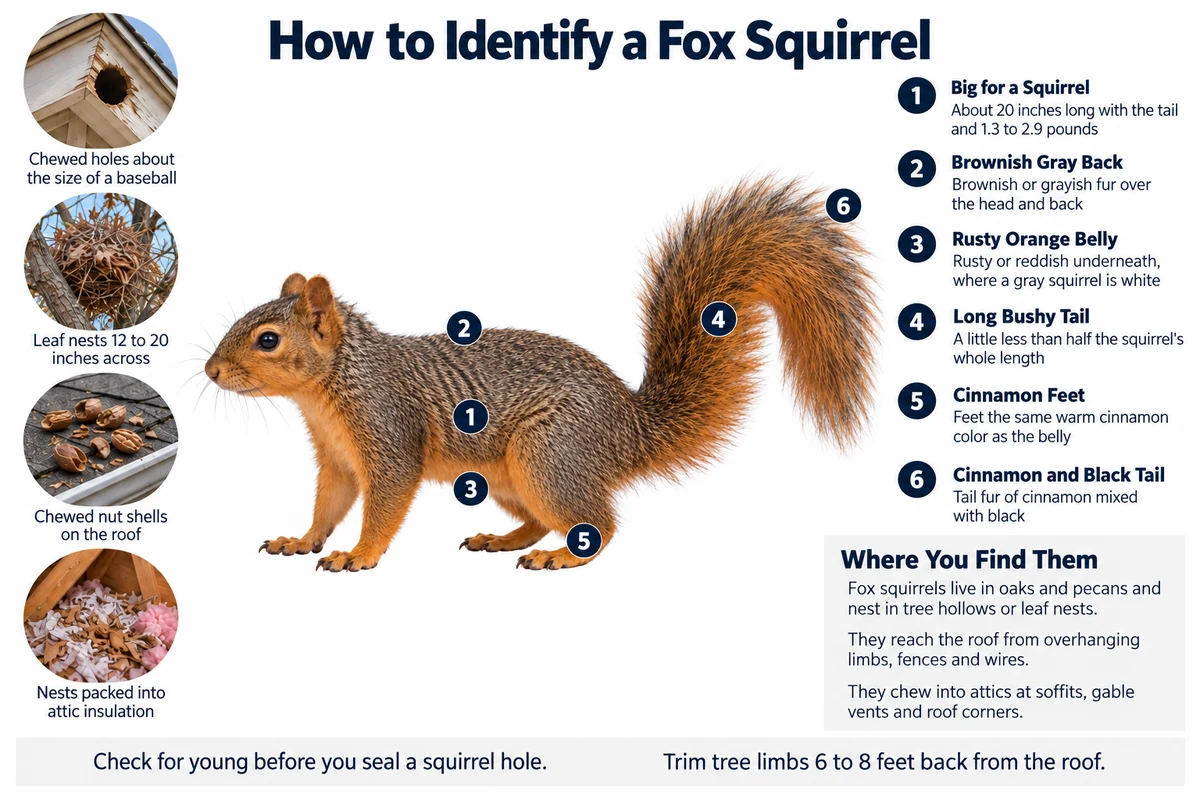Labeled photo of an eastern fox squirrel pointing out its size, brownish gray back, rusty belly, long bushy tail and cinnamon feet, with a chewed soffit hole, a leaf nest, nut shells and an attic nest