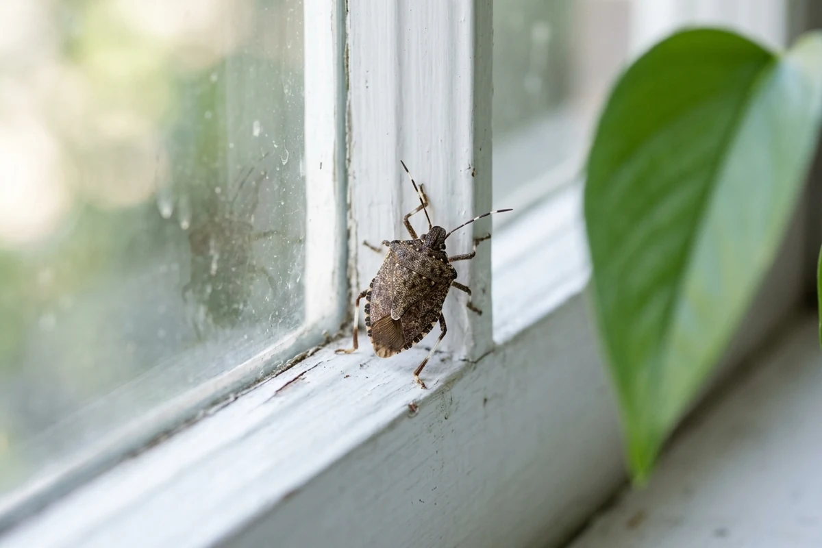 Photo of a brown marmorated stink bug climbing a white window frame beside the glass, with a green houseplant leaf in front