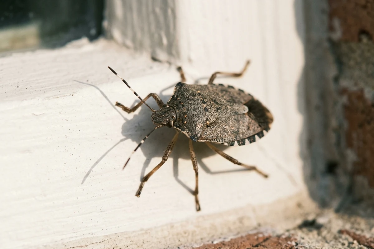 A mottled gray brown stink bug with banded antennae and a black and white banded body edge on a white painted window sill beside brick