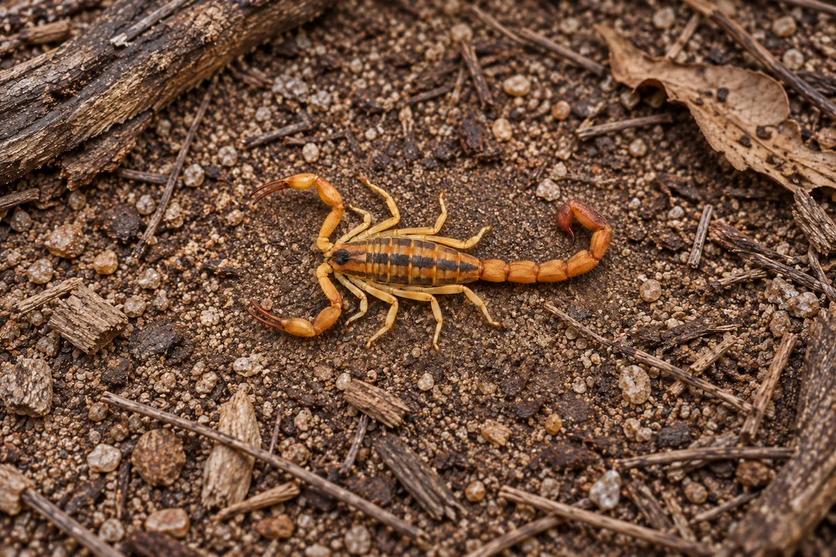 A yellowish tan striped bark scorpion with two dark stripes on its back, crawling on a brick wall beside a house