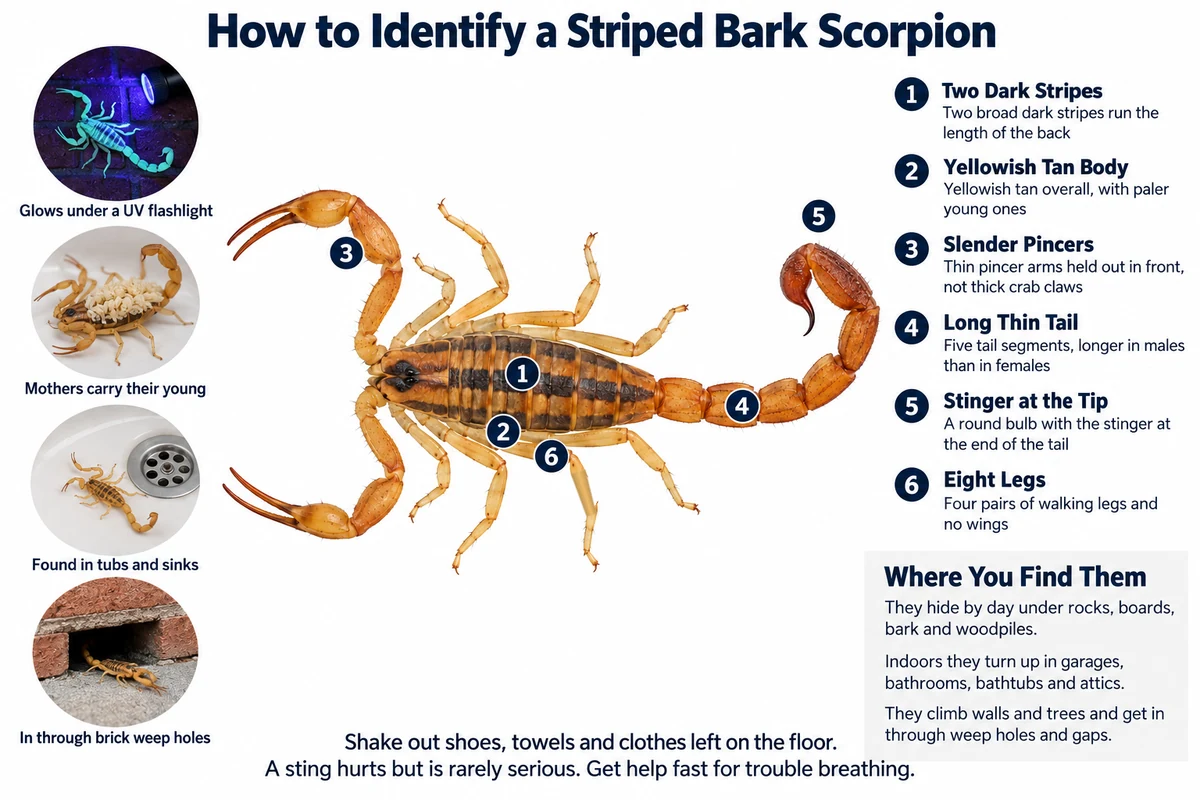 Labeled photo of a striped bark scorpion pointing out its two dark back stripes, slender pincers, long thin tail, stinger, eight legs and tan color