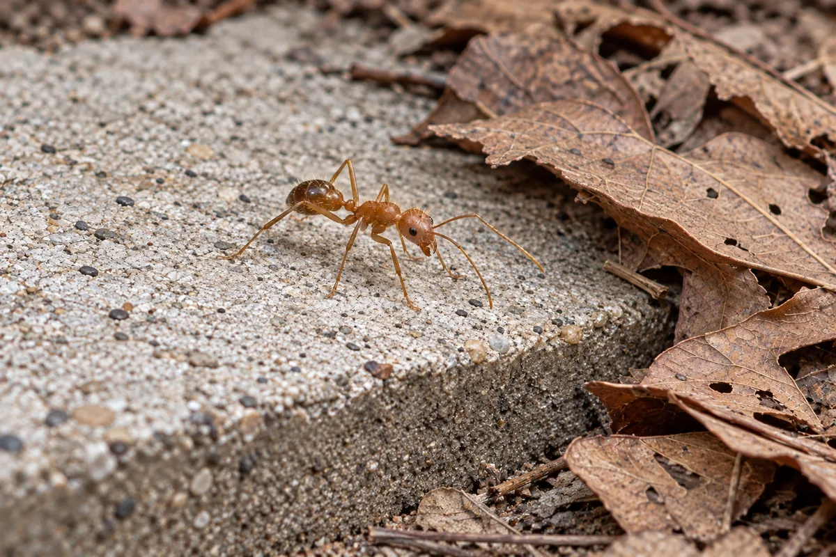 Tawny Crazy Ant (Rasberry Crazy Ant) on a concrete step beside leaf litter