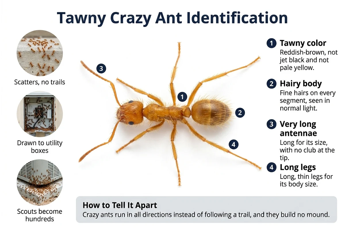 Labeled diagram of a tawny crazy ant seen from above, pointing out its tawny hairy body and very long legs and antennae