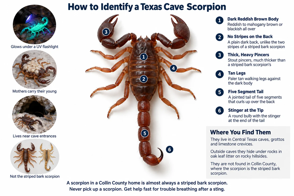 Labeled photo of a Texas cave scorpion pointing out its dark reddish brown body, plain unstriped back, thick pincers, tan legs, tail and stinger