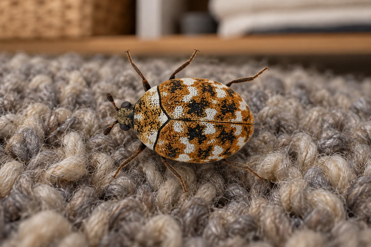 A tiny round varied carpet beetle with white, brown and yellow patches on a sunny windowsill
