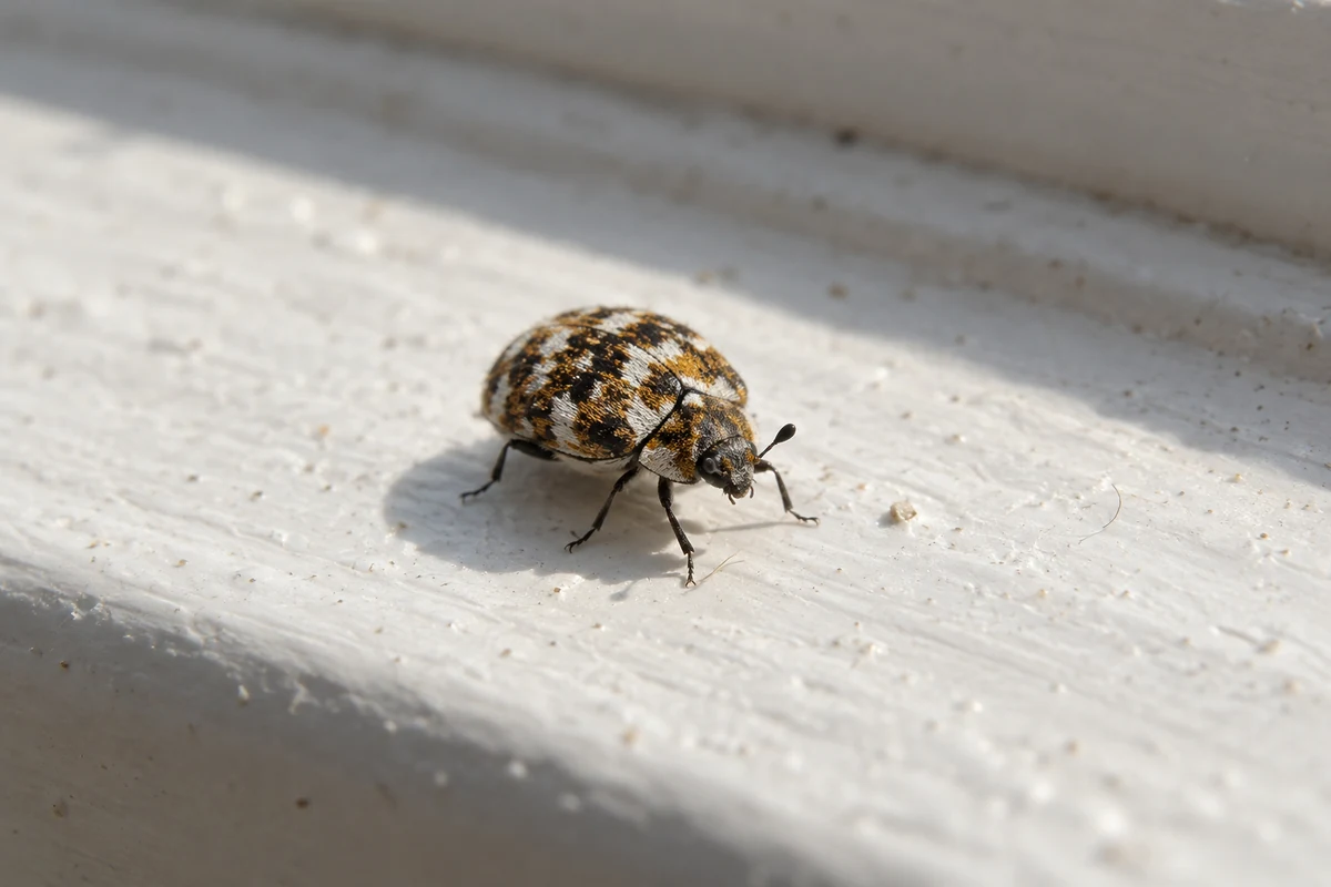 Varied Carpet Beetle (Carpet Beetle) on natural substrate showing mottled white, yellow and brown scales