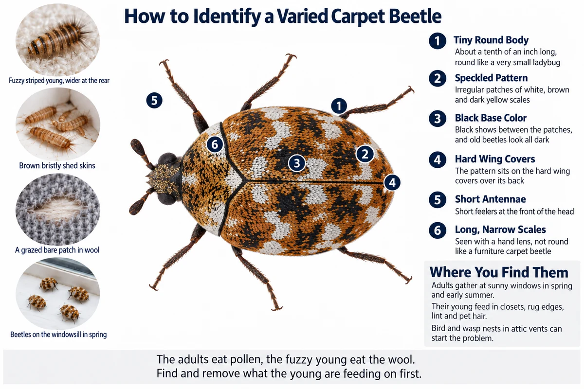 Labeled photo of a varied carpet beetle pointing out its tiny round body, speckled white, brown and yellow pattern and short antennae, with its fuzzy young, shed skins and grazed wool