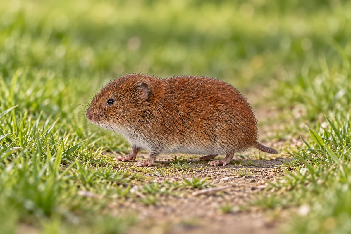 A woodland vole at the edge of a runway it has worn through the grass