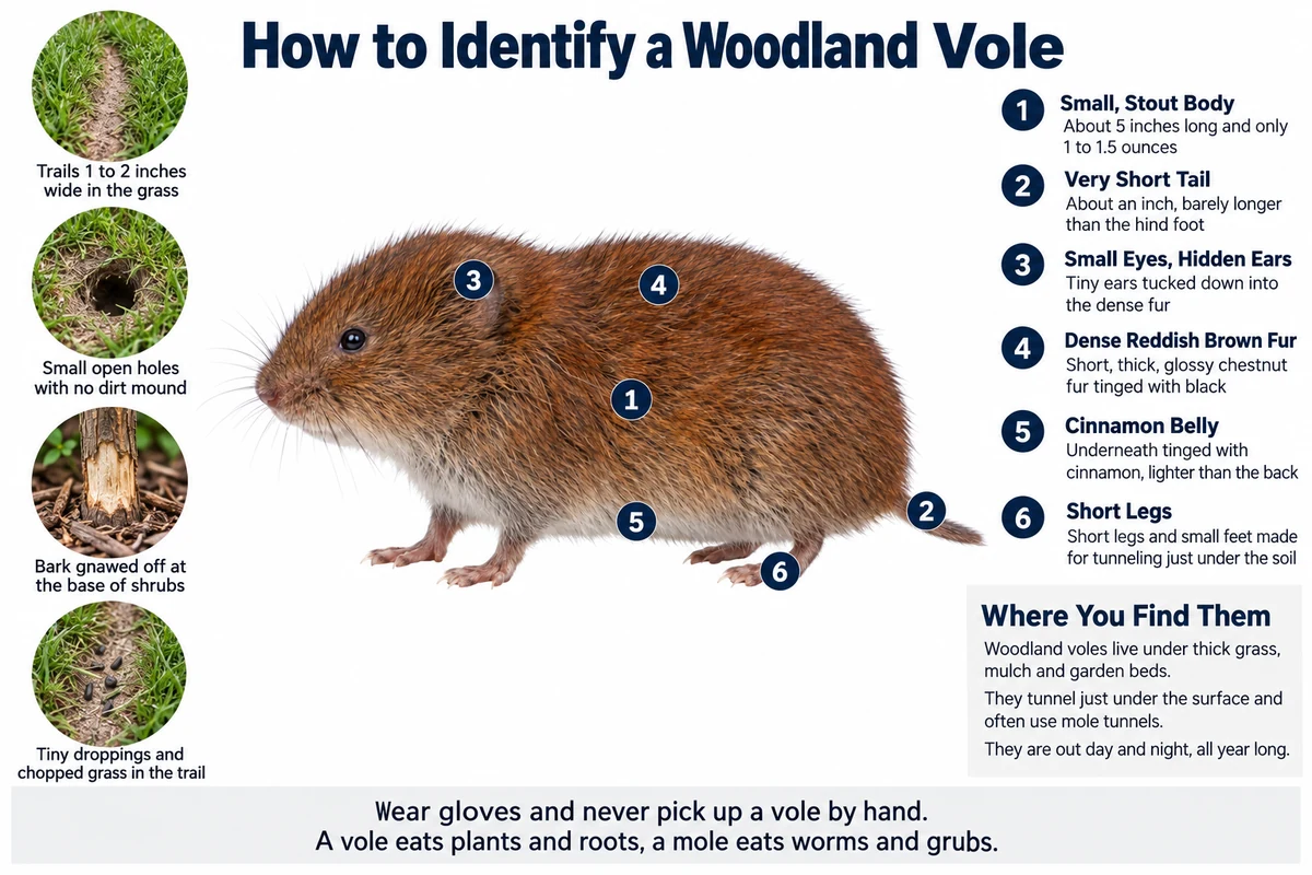 Labeled photo of a woodland vole pointing out its stout body, very short tail, hidden ears, dense reddish brown coat, cinnamon belly and short legs, with its runways, burrow holes, gnawed bark and droppings