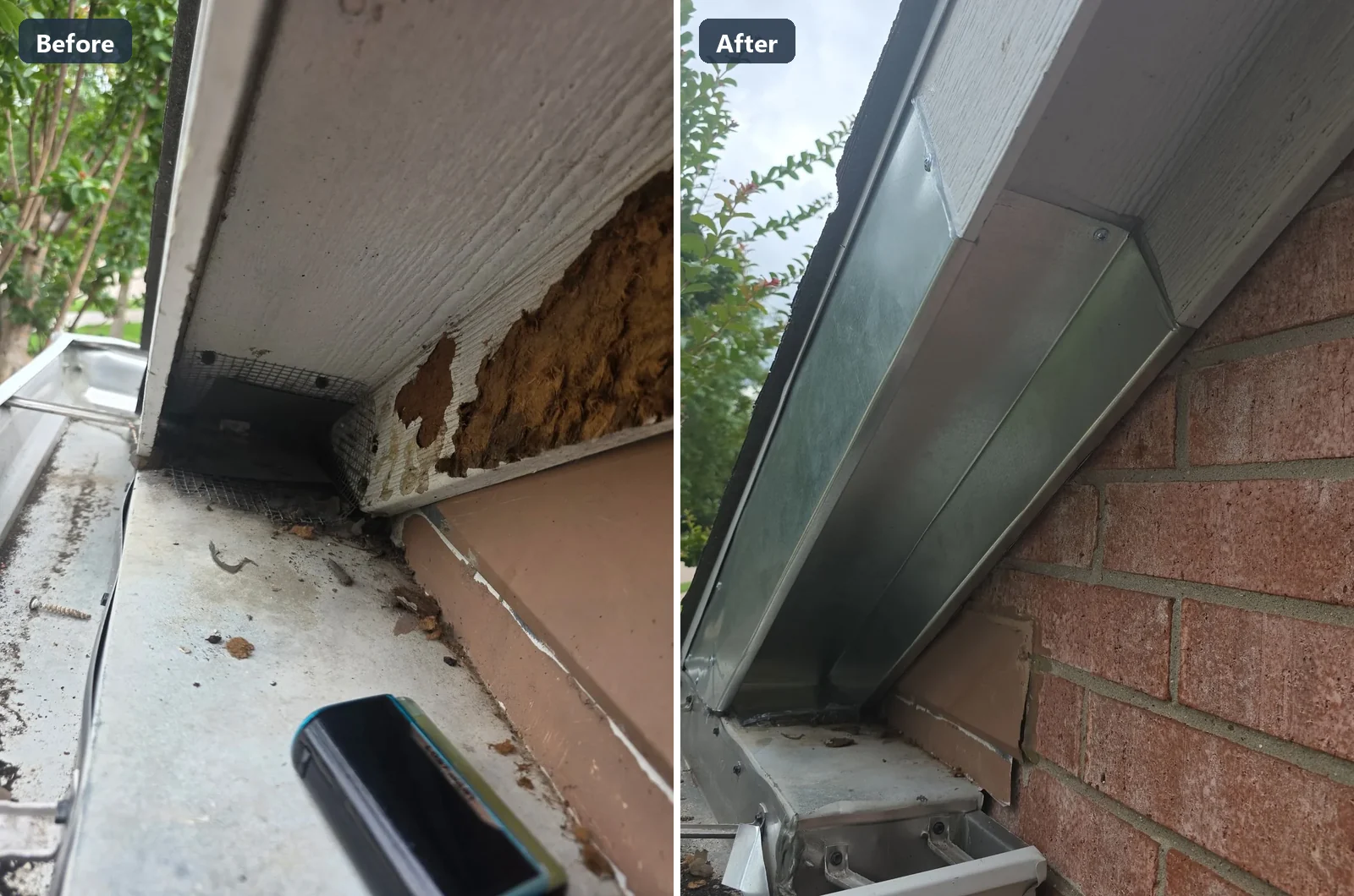 Before and after of a Pest Me Off rodent proofing job in Frisco TX: a roofline gap rats chewed open, then the same corner sealed with metal flashing