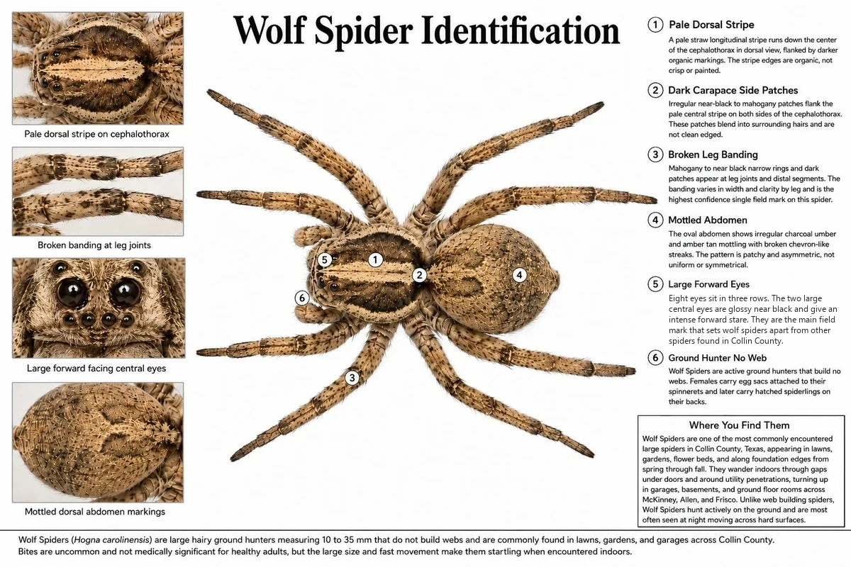 A wolf spider seen from above with its identifying features marked