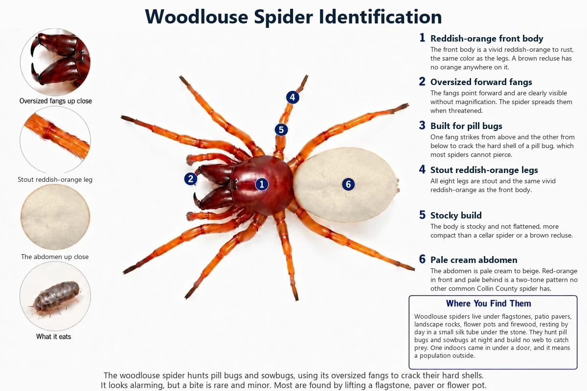 Labeled photo of a woodlouse spider pointing out the red-orange front, the pale abdomen, the large fangs and the six eyes in an oval