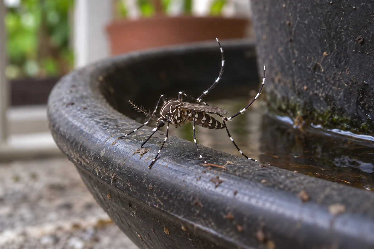 Yellow Fever Mosquito (Dengue Mosquito) on natural substrate showing white lyre-shape on thorax and banded legs