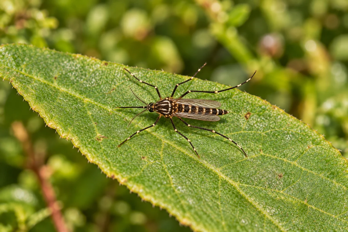 A dark yellow fever mosquito with white markings on its back and white bands on its legs