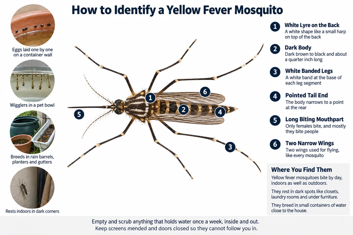 Labeled photo of a yellow fever mosquito pointing out its white lyre-shaped back markings, its banded legs, dark body and pointed tail end, with the indoor and outdoor containers where it breeds