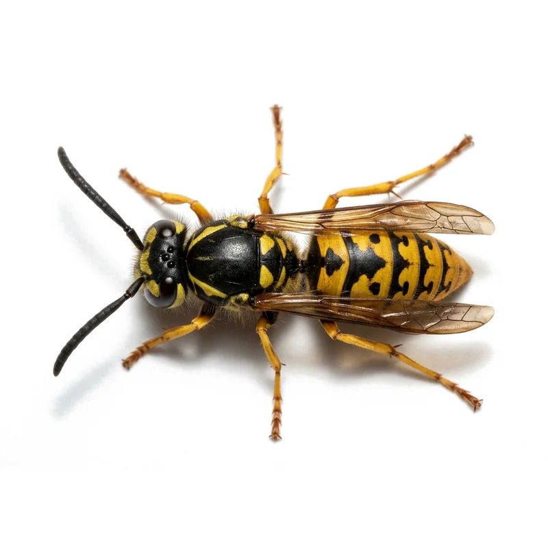 A yellowjacket worker seen from above, with a stocky yellow and black body and yellow legs